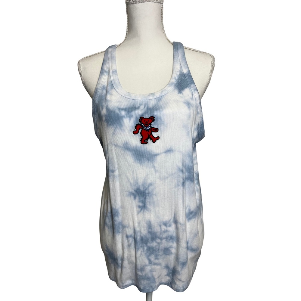 Lucky Brand Women's Blue and White Tie-Dye Tank Top with Red Bear Size XXL‎